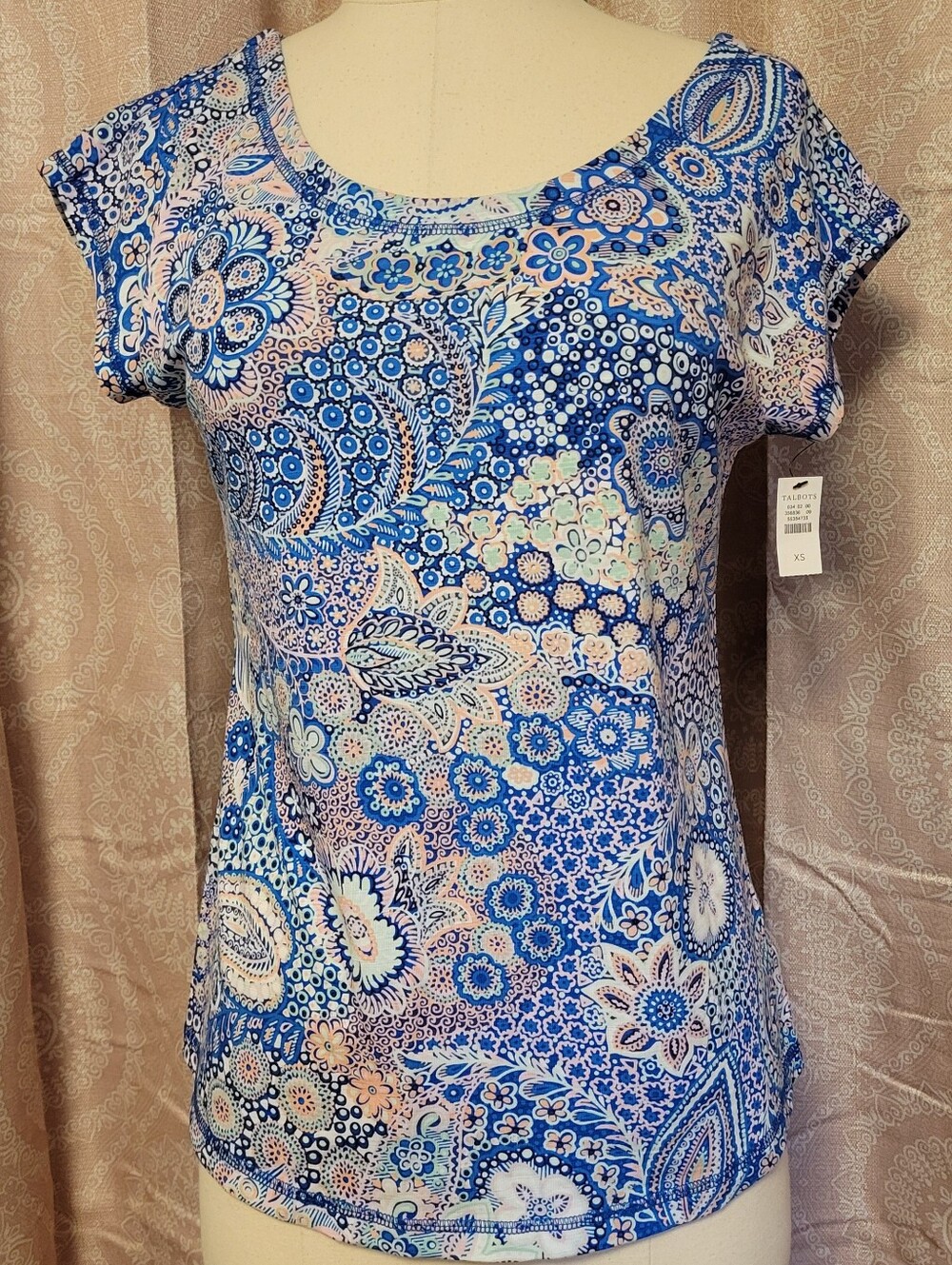 Talbots Blue Paisley Floral Scoop Neck Women's Top XS NWT